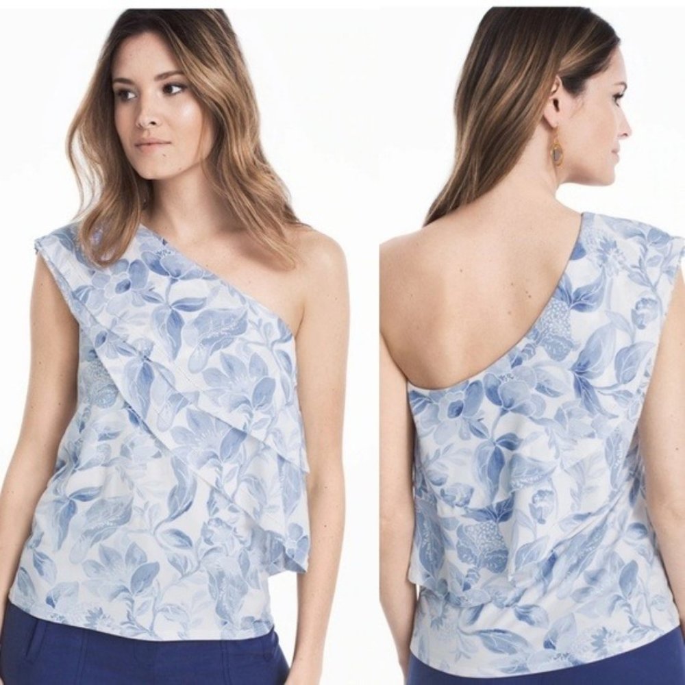 WHBM Blue Floral Print One-Shoulder Top
